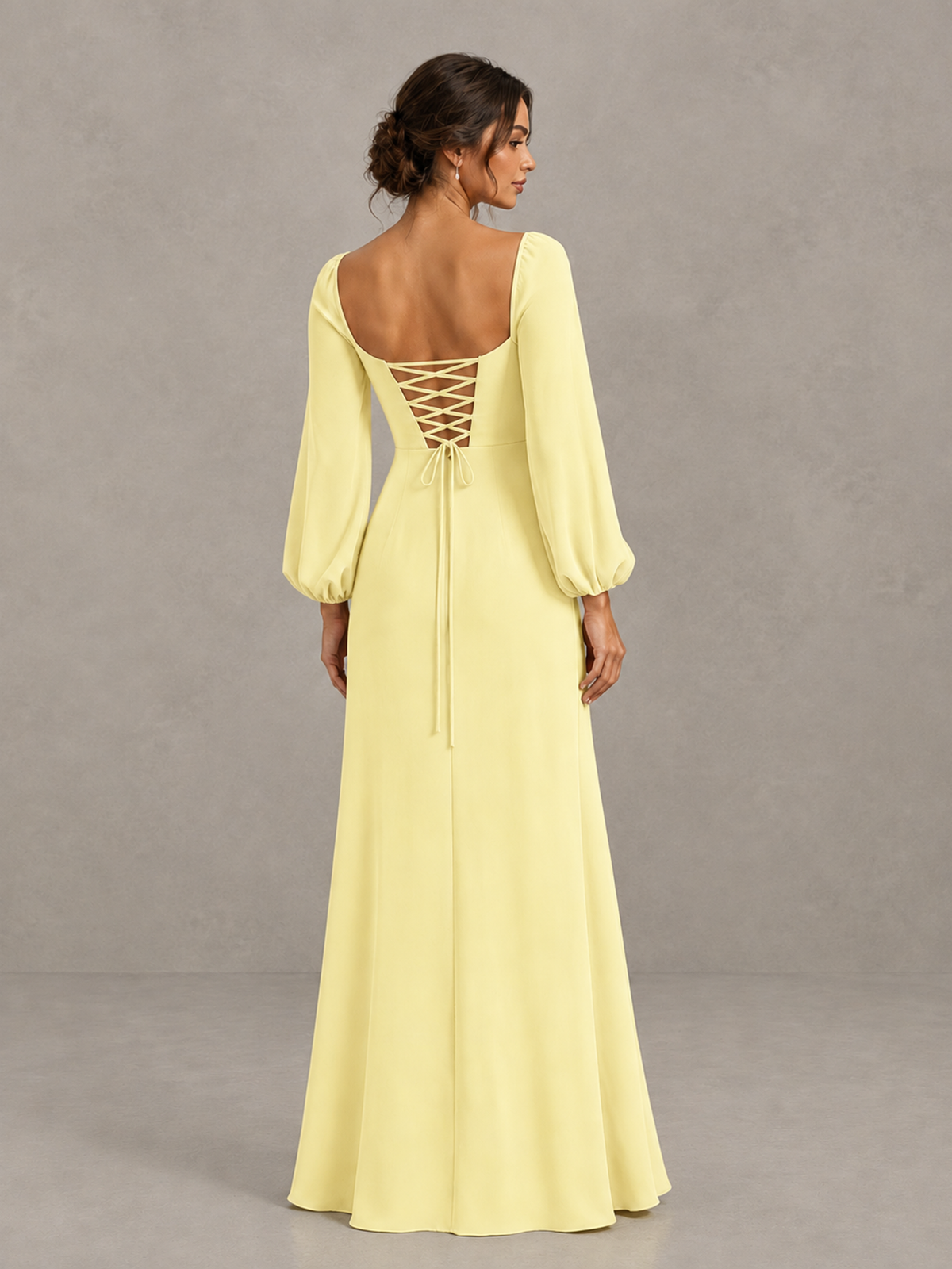 BOLODOO Daffodil Square Neck Long Sleeve Bridesmaid Dress with High Slit - Daffodil - Daffodil_2