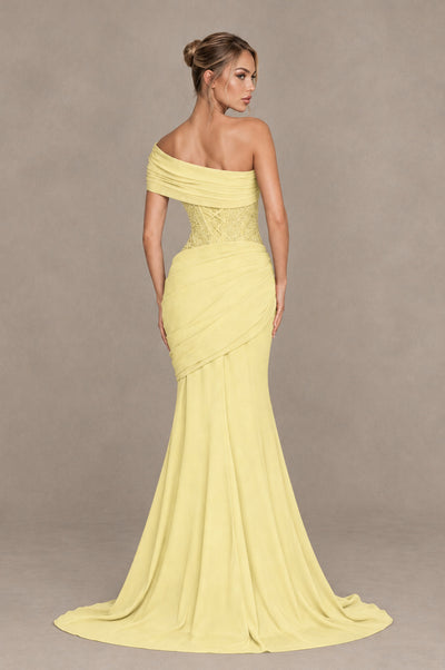 BOLODOO Daffodil One-Shoulder Sequin Embroidered Ruched Mermaid Gown with Train - Daffodil - Daffodil_2
