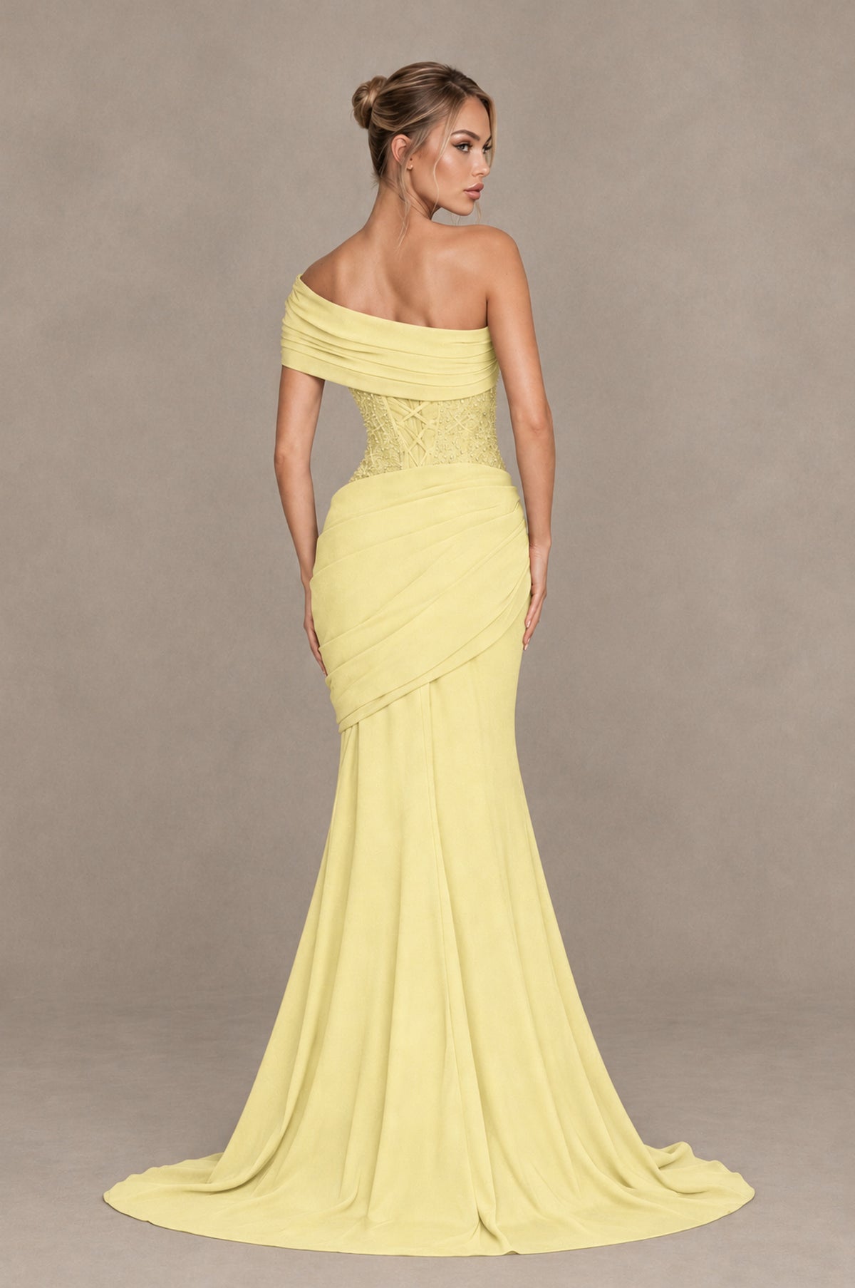 BOLODOO Daffodil One-Shoulder Sequin Embroidered Ruched Mermaid Gown with Train - Daffodil - Daffodil_2