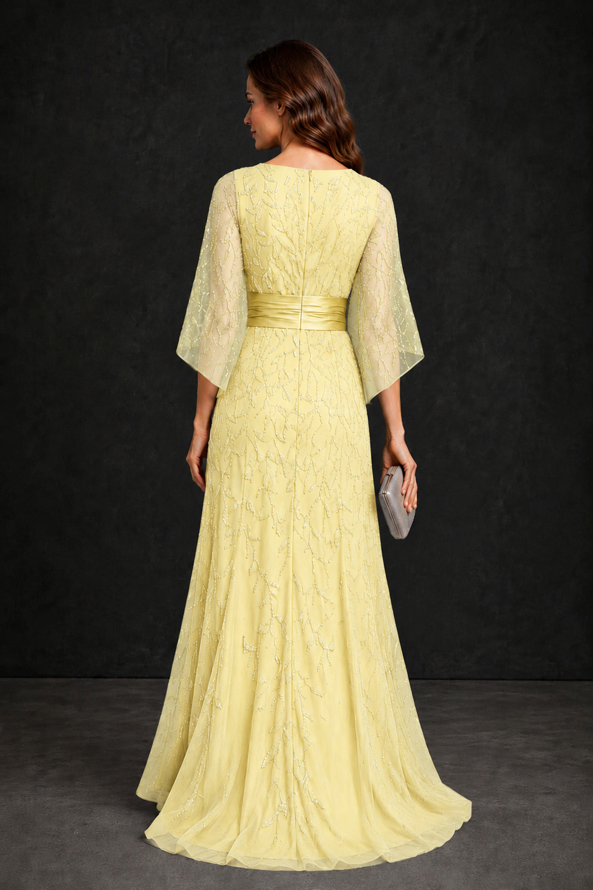 BOLODOO Daffodil Bateau Neck Bell Sleeve Sequin Embroidered Satin Waist A-Line Maxi Dress - Daffodil - Daffodil_2