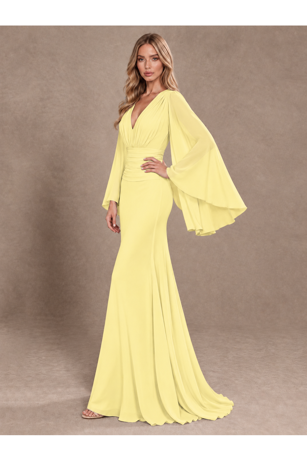 BOLODOO Daffodil Cape Sleeve V-Neck Ruched Chiffon Evening Dress - Daffodil - Daffodil_2