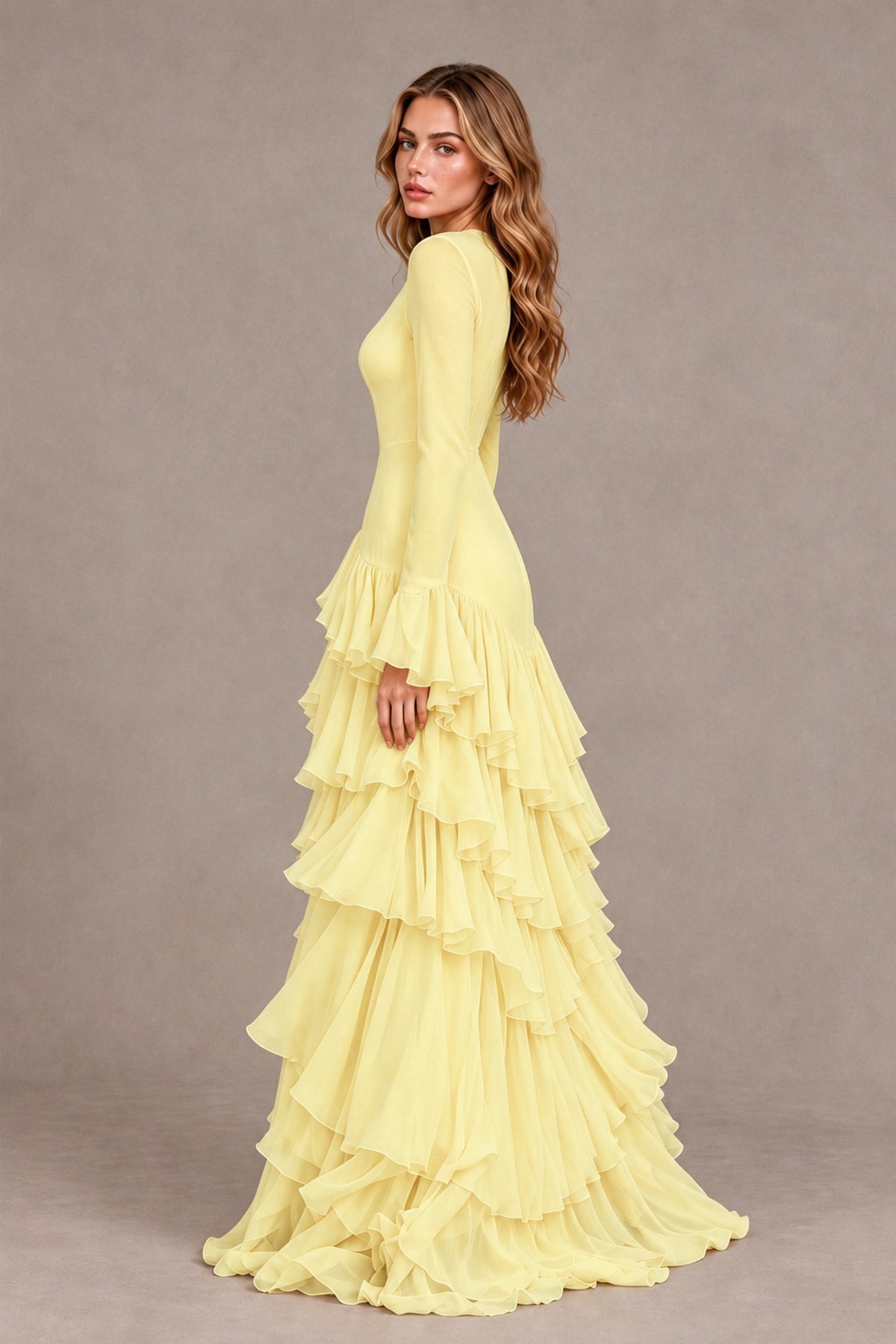 Daffodil Long Sleeve Tiered Ruffle Evening Gown - Daffodil - Daffodil_2