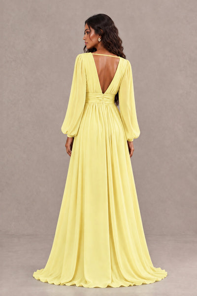 BOLODOO Daffodil Long Sleeve V-Neck A-Line Gown with Open Back & Slit - Daffodil - Daffodil_2