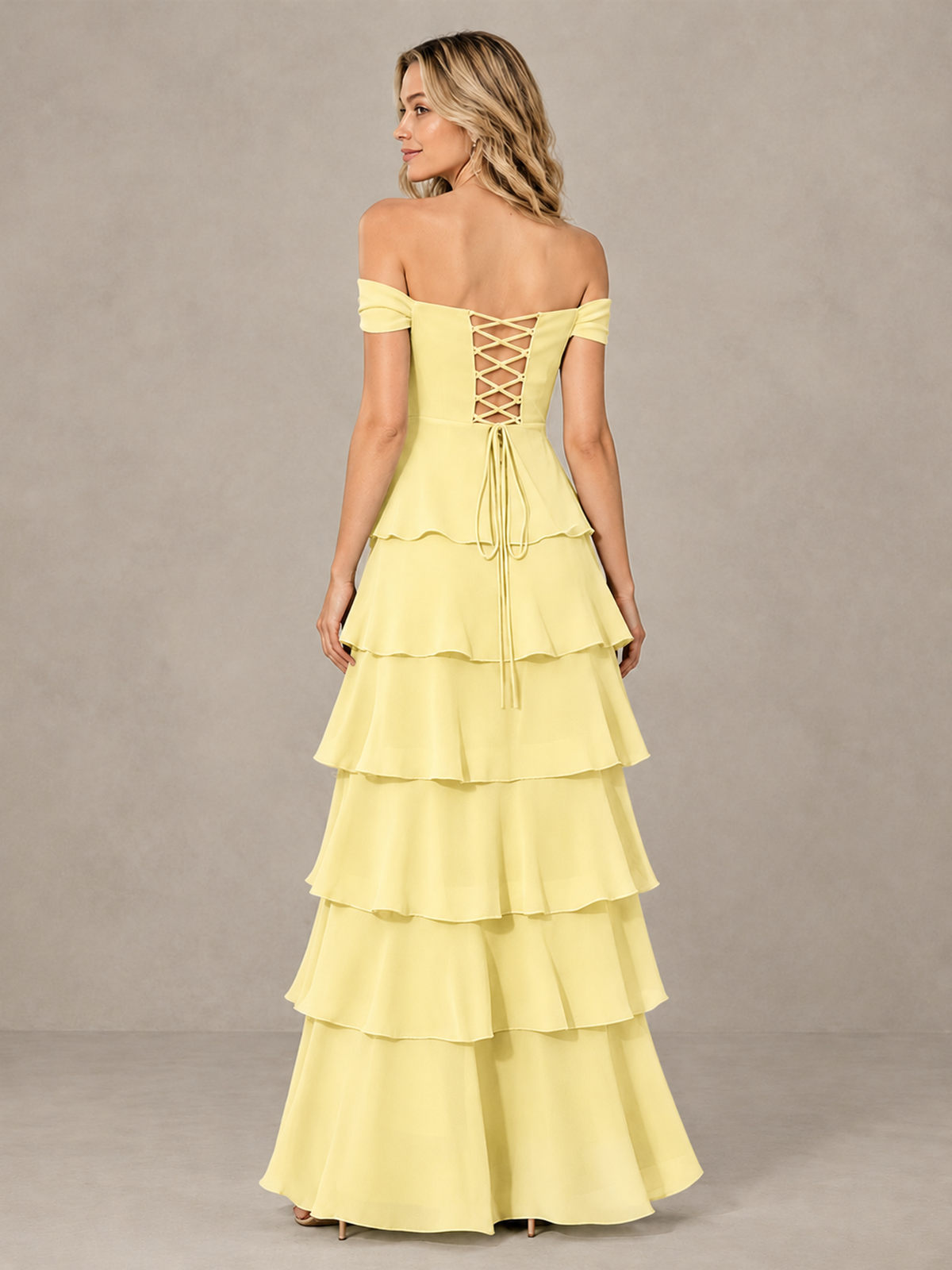 BOLODOO Daffodil Off-Shoulder Tiered Ruffle Bridesmaid Dress with Lace-Up Back - Daffodil - Daffodil_2