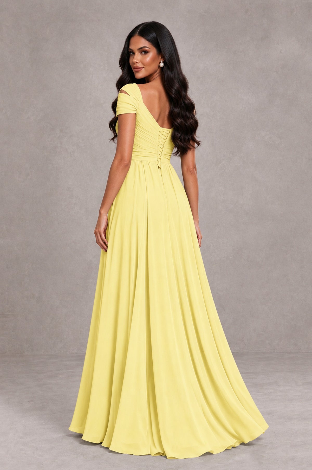 BOLODOO Daffodil Cold Shoulder Chiffon Evening Dress with V Neck and High Slit - Daffodil - Daffodil_2