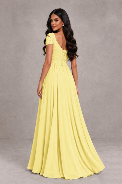 BOLODOO Daffodil Cold Shoulder Chiffon Evening Dress with V Neck and High Slit - Daffodil - Daffodil_2