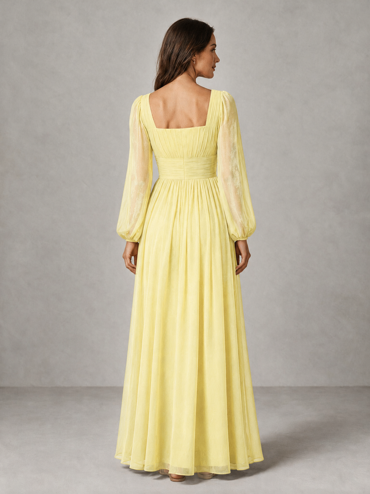 BOLODOO Daffodil Square Neck Long Sleeve Chiffon Bridesmaid Dress - Daffodil - Daffodil_2