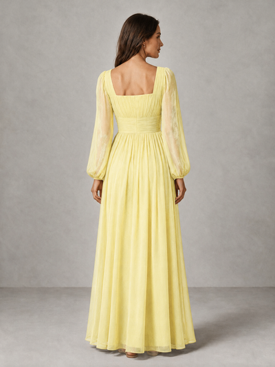 BOLODOO Daffodil Square Neck Long Sleeve Chiffon Bridesmaid Dress - Daffodil - Daffodil_2