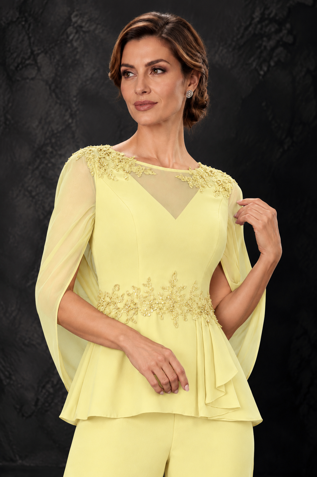 BOLODOO Daffodil Embellished Cape Sleeve Mother of the Bride Pantsuit - Daffodil - Daffodil_3