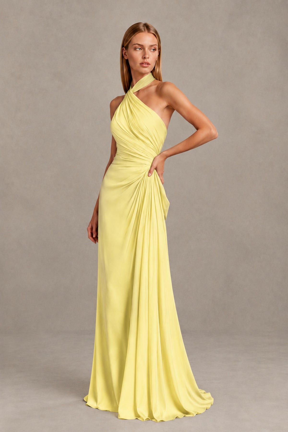 BOLODOO Daffodil Twisted Halter Neck Ruched Sleeveless Open Back Floor-Length Gown - Daffodil - Daffodil_3