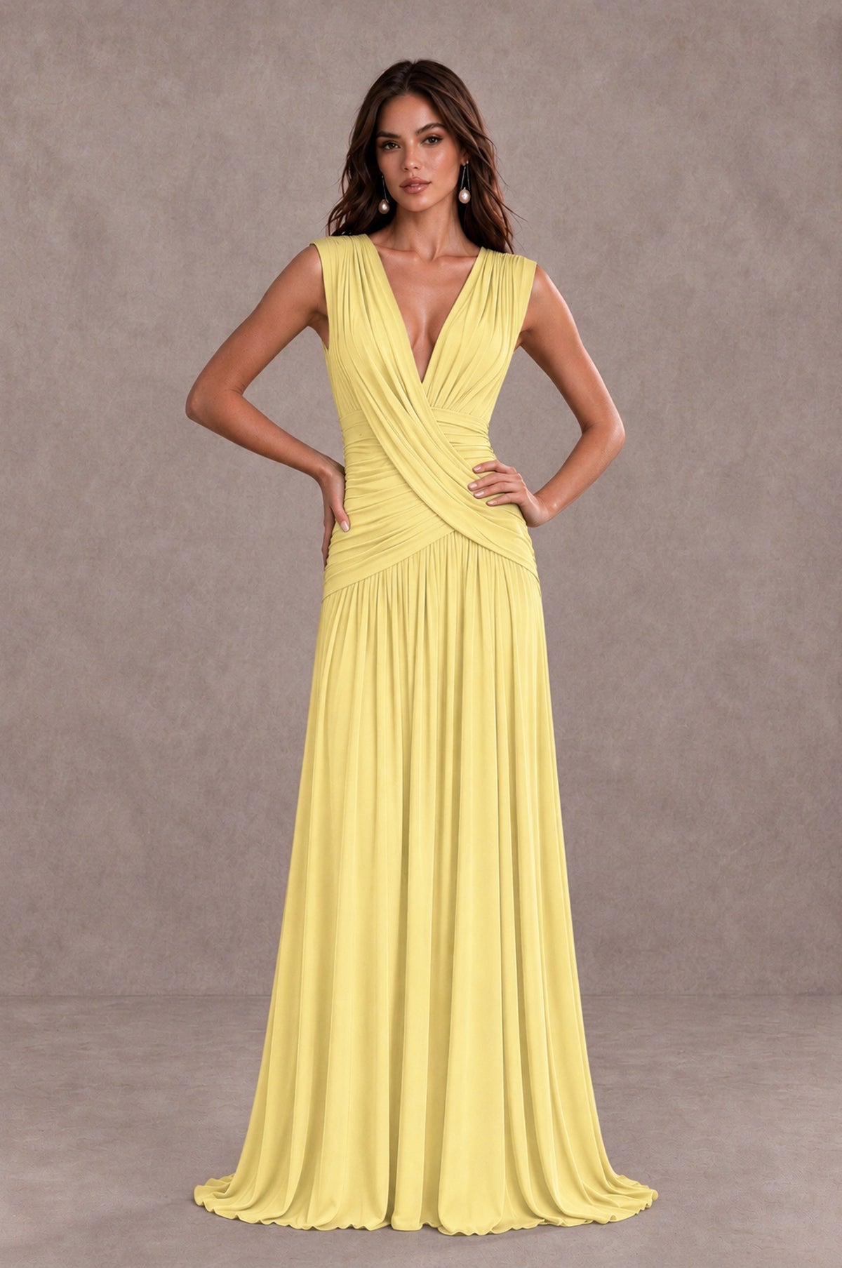 BOLODOO Daffodil V-Neck Ruched Wedding Guest Dress - Daffodil - Daffodil_3