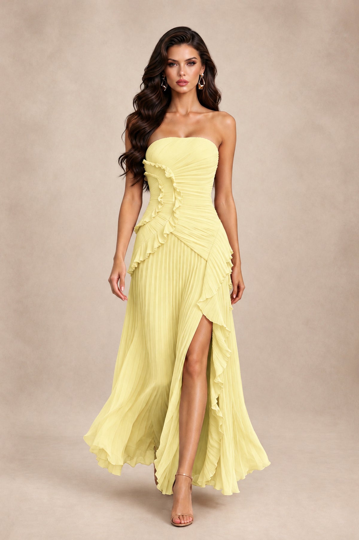 BOLODOO Daffodil Strapless Ruffle Pleated Slit Evening Gown - Daffodil - Daffodil_3