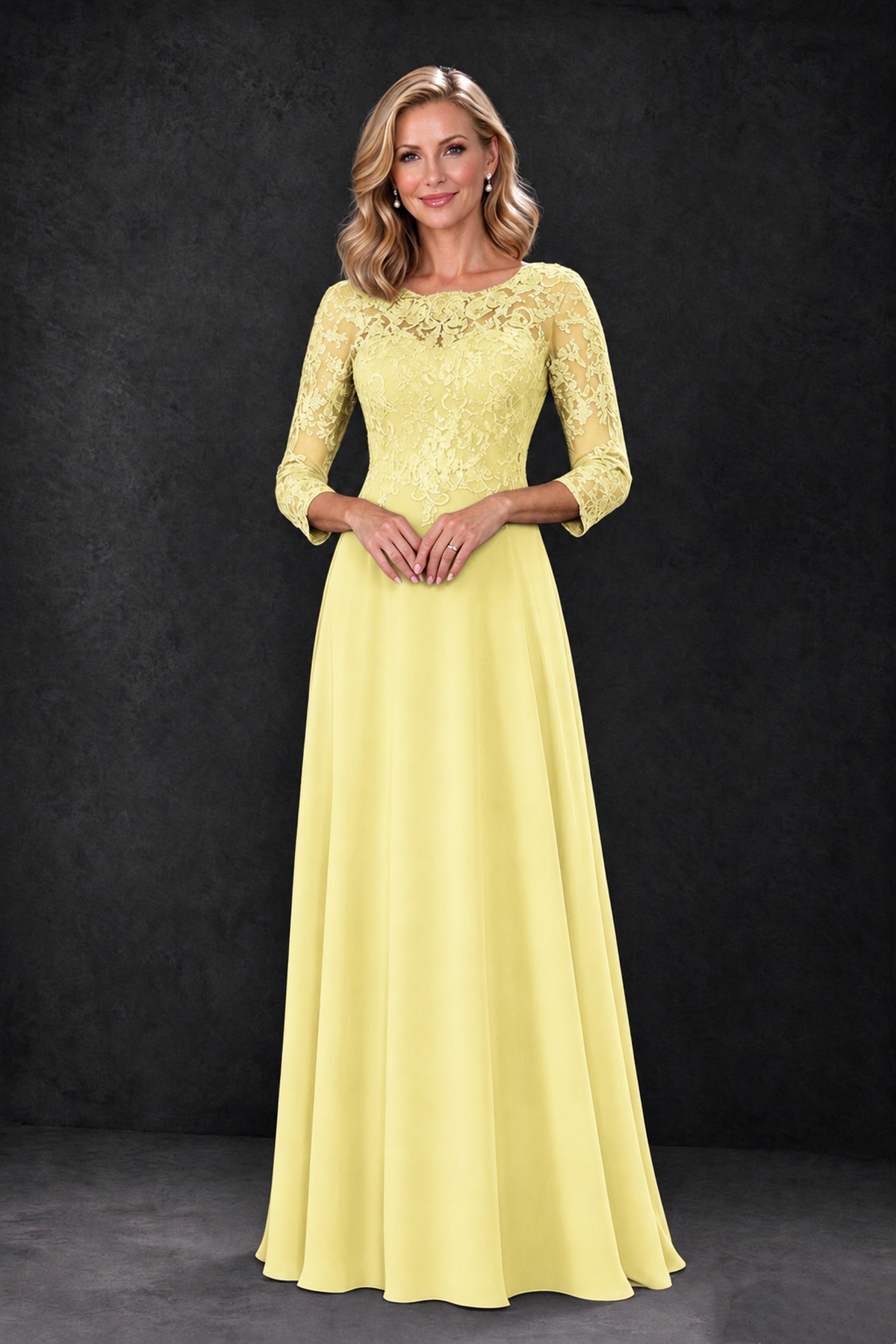 BOLODOO Daffodil Lace Embroidered Mother of the Bride Dress with 3/4 Sleeves - Daffodil - Daffodil_3
