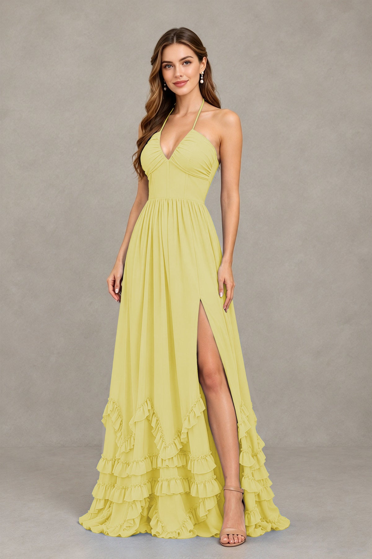 BOLODOO Daffodil Halter Ruffle Hem A-Line Bridesmaid Dress with High Slit - Daffodil - Daffodil(3)