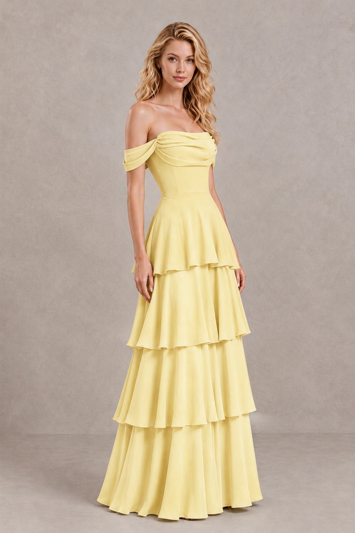 BOLODOO Daffodil Off-the-Shoulder Tiered A-Line Evening Bridesmaid Dress - Daffodil - Daffodil_3