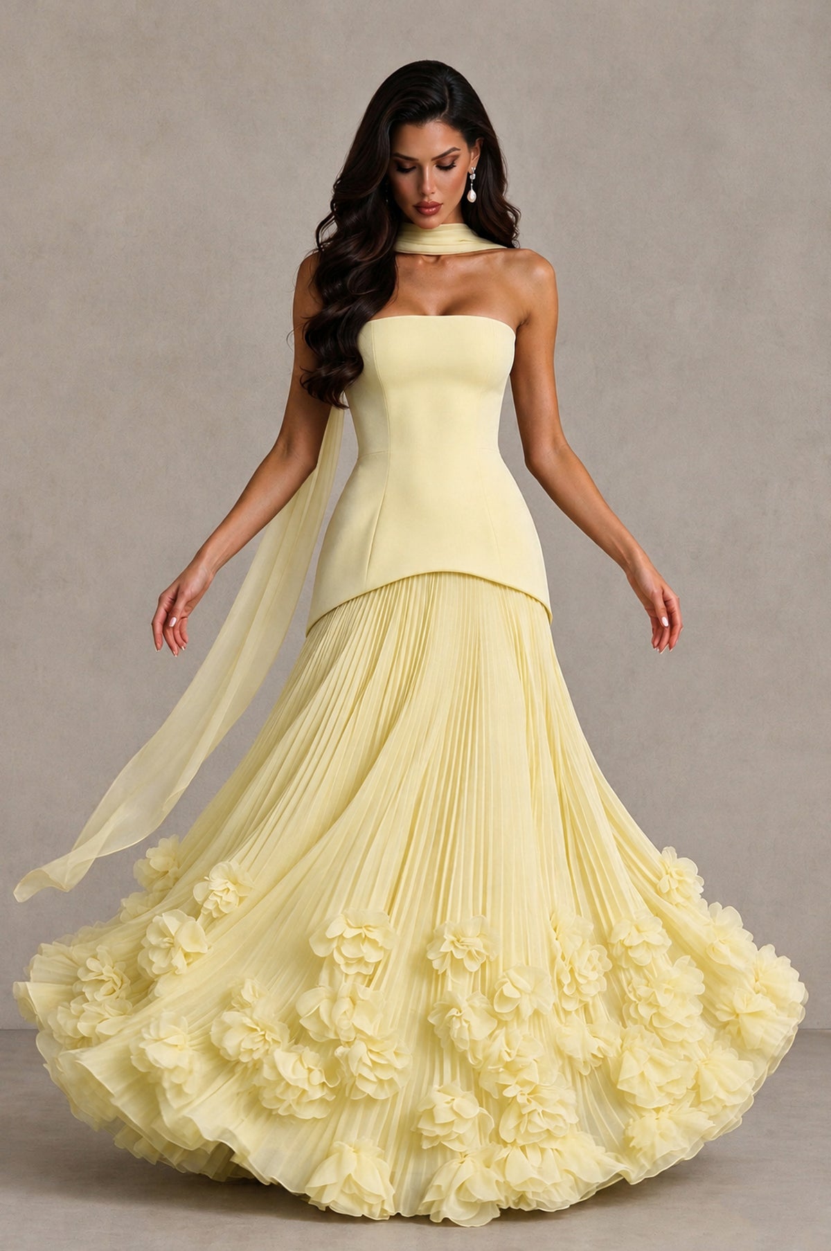 BOLODOO Daffodil Strapless Pleated Floral Hem Evening Gown - Daffodil - Daffodil_3