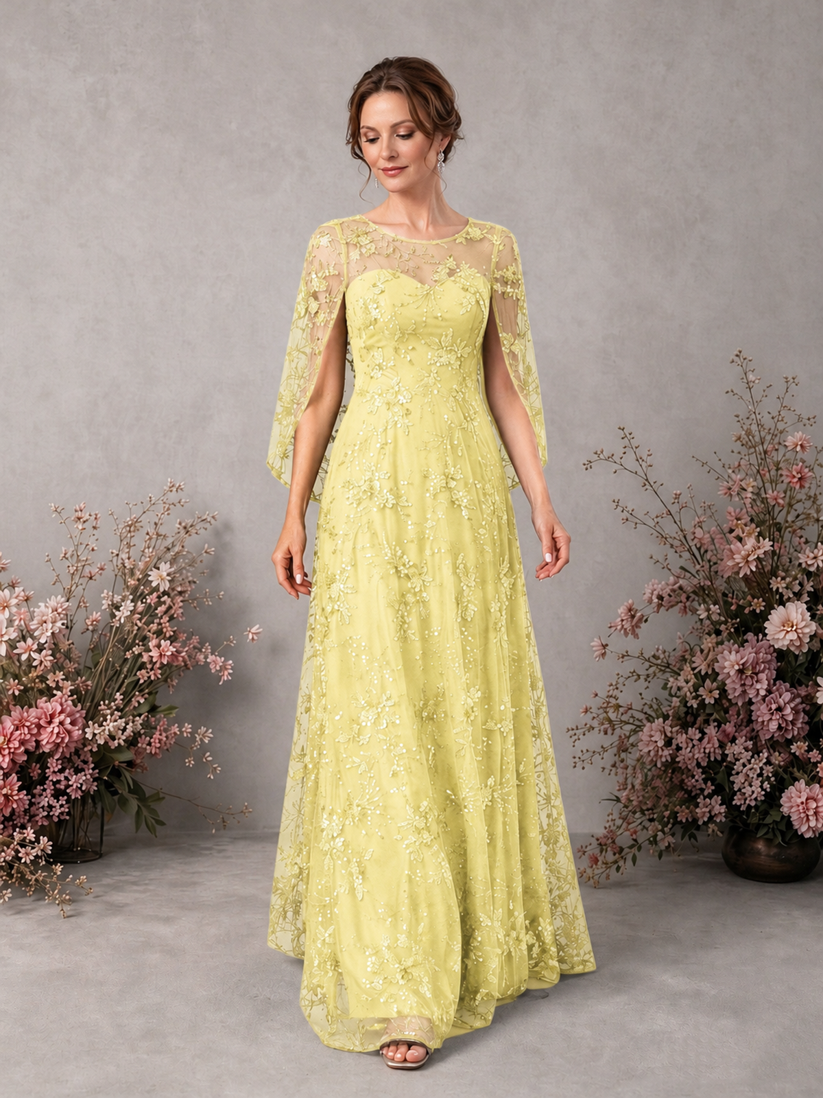 BOLODOO Daffodil Sequin Lace Cape Sleeve Formal Evening Gown - Daffodil - Daffodil_3