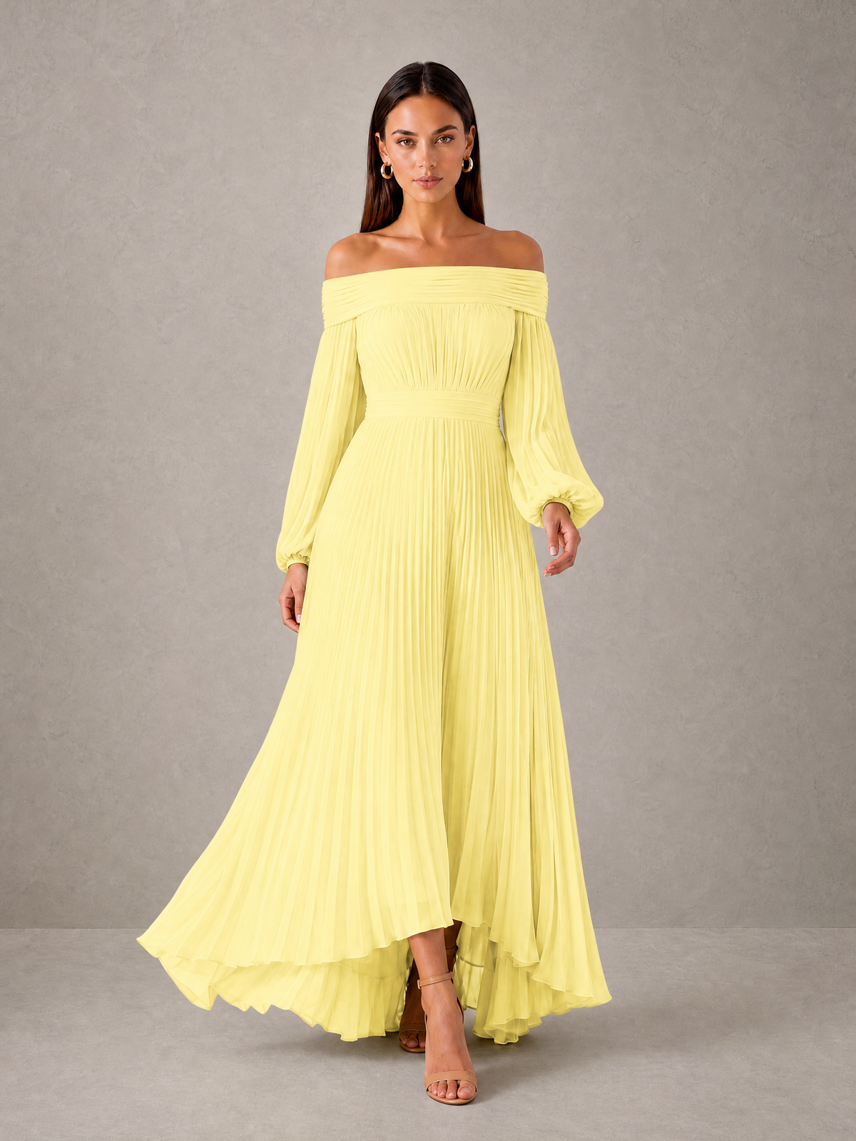 BOLODOO Daffodil Off-Shoulder Long Sleeve Pleated High-Low Dress - Daffodil - Daffodil_3