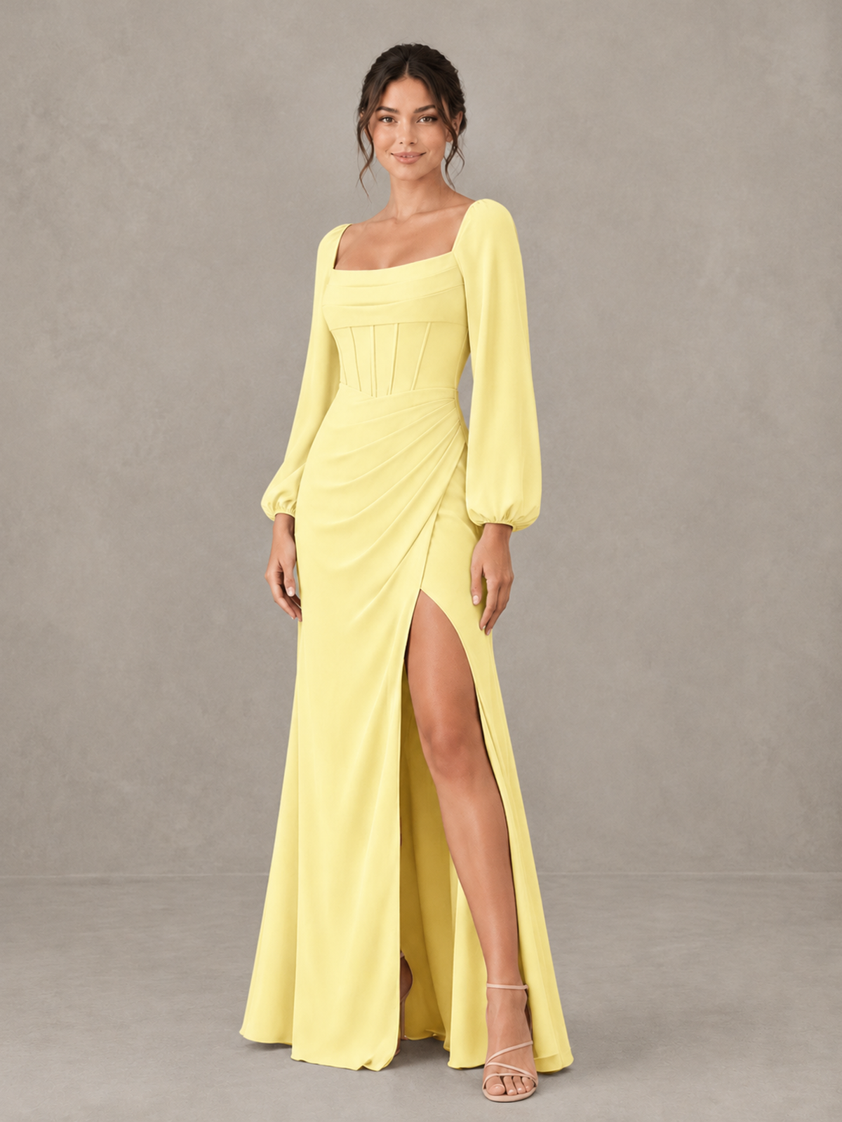 BOLODOO Daffodil Square Neck Long Sleeve Bridesmaid Dress with High Slit - Daffodil - Daffodil_3