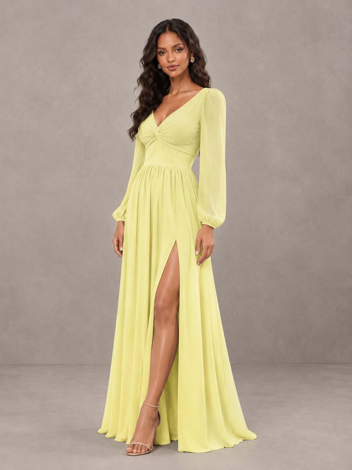 BOLODOO Daffodil V-Neck Long Sleeve Bridesmaid Dress with Tie Back and Slit - Daffodil - Daffodil_3