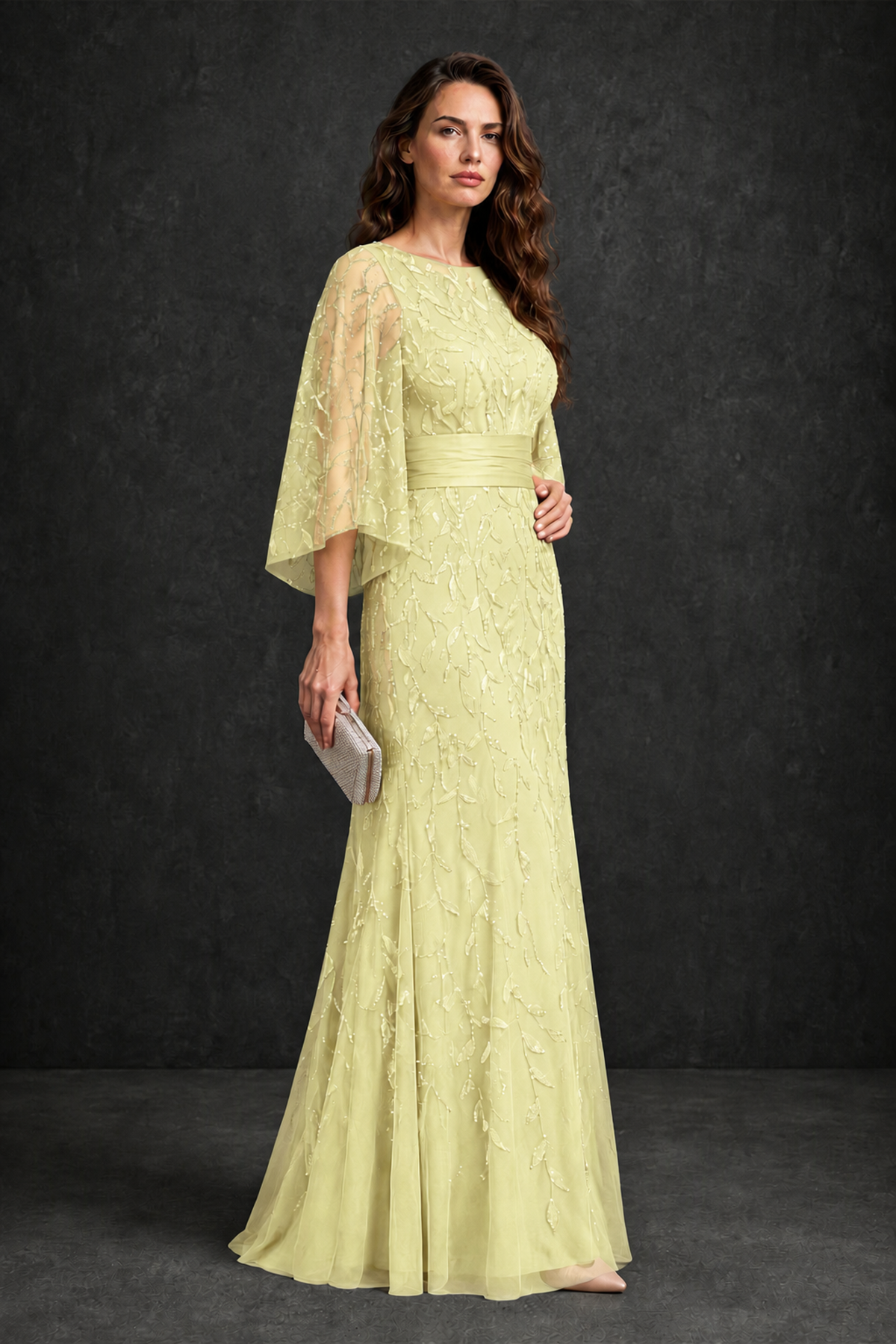 BOLODOO Daffodil Bateau Neck Bell Sleeve Sequin Embroidered Satin Waist A-Line Maxi Dress - Daffodil - Daffodil_3