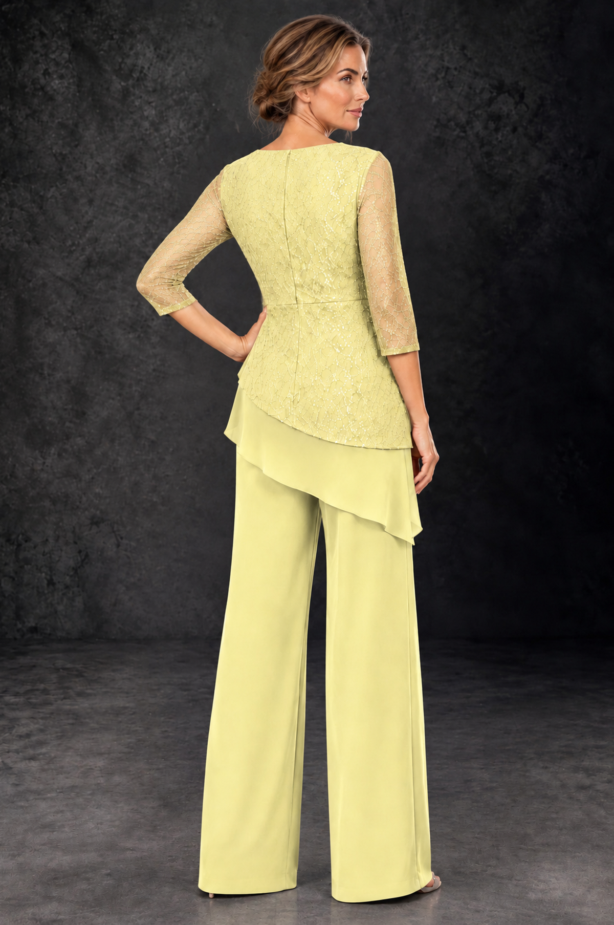 BOLODOO Daffodil Sequin Lace 3/4 Sleeve Chiffon Mother of the Bride Pant Suit - Daffodil - Daffodil_3