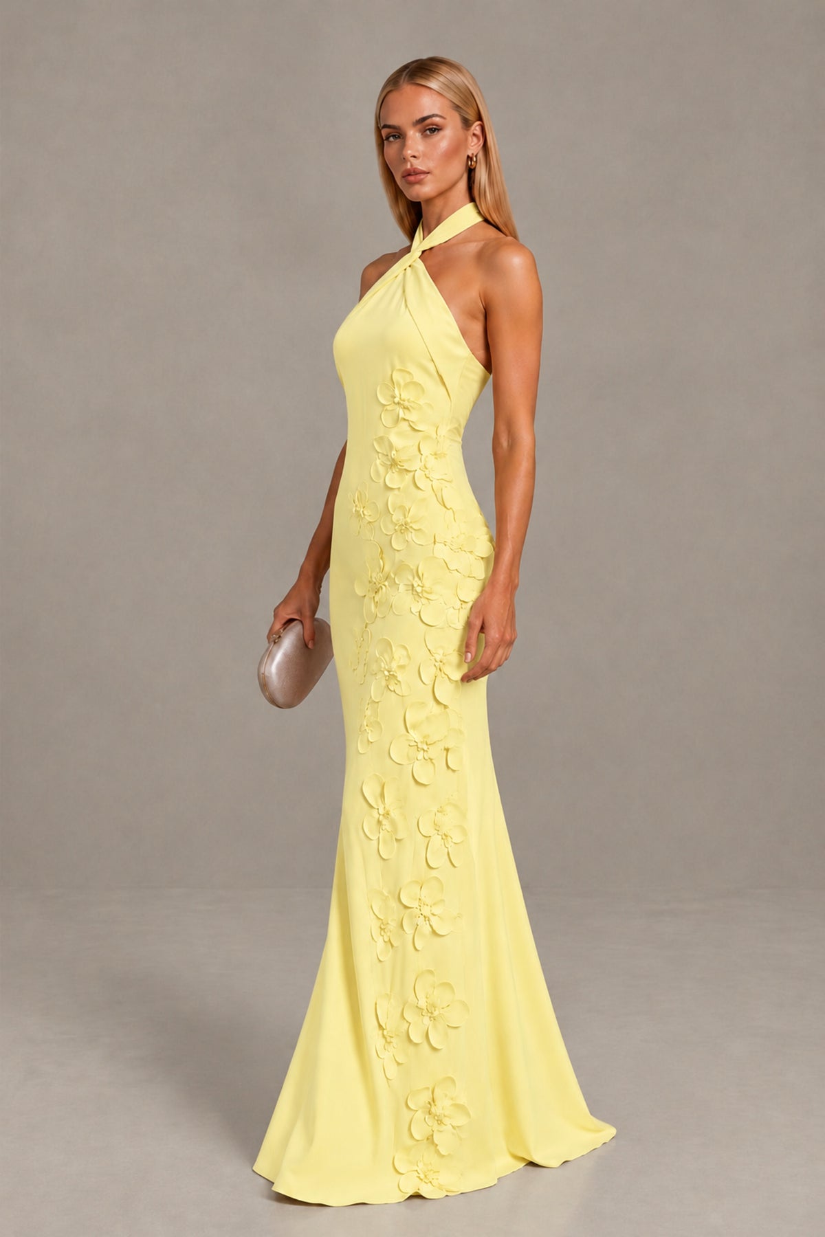BOLODOO Daffodil Cross Halter Neck 3D Floral Appliqué Backless Mermaid Maxi Gown - Daffodil - Daffodil_3