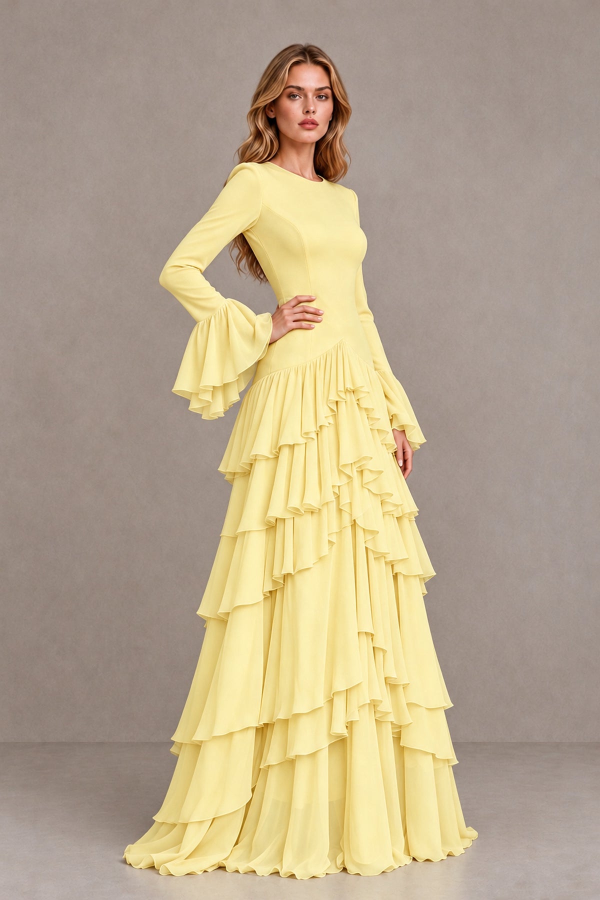 Daffodil Long Sleeve Tiered Ruffle Evening Gown - Daffodil - Daffodil_3