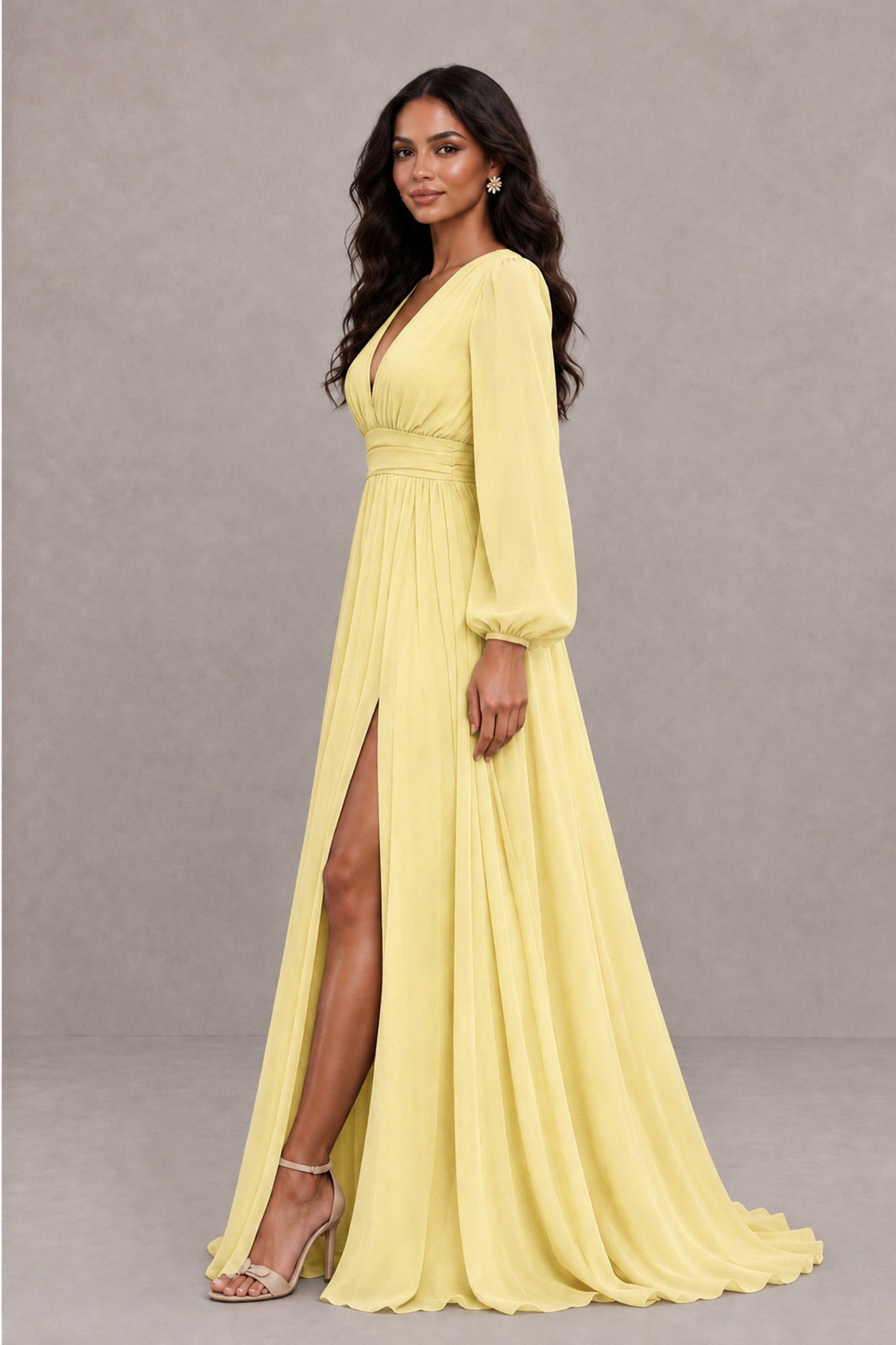 BOLODOO Daffodil Long Sleeve V-Neck A-Line Gown with Open Back & Slit - Daffodil - Daffodil_3