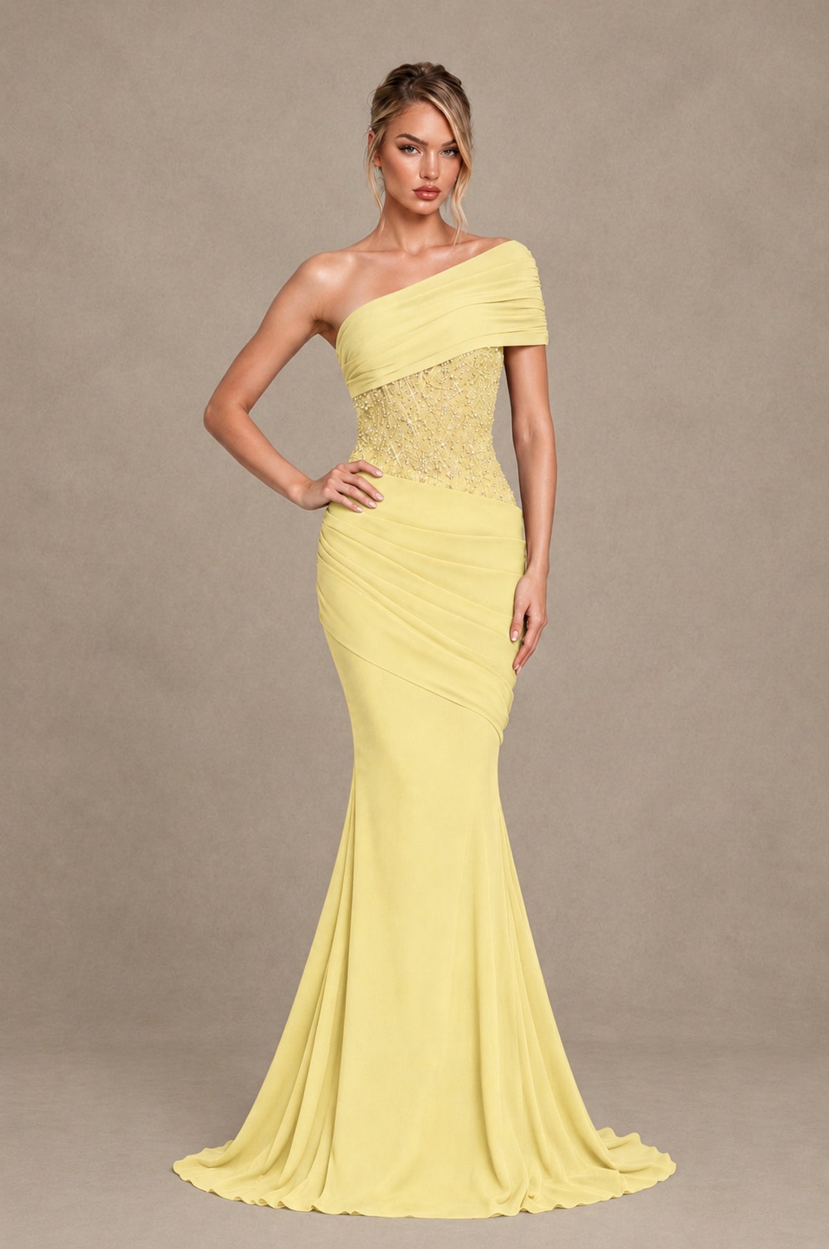 BOLODOO Daffodil One-Shoulder Sequin Embroidered Ruched Mermaid Gown with Train - Daffodil - Daffodil_3