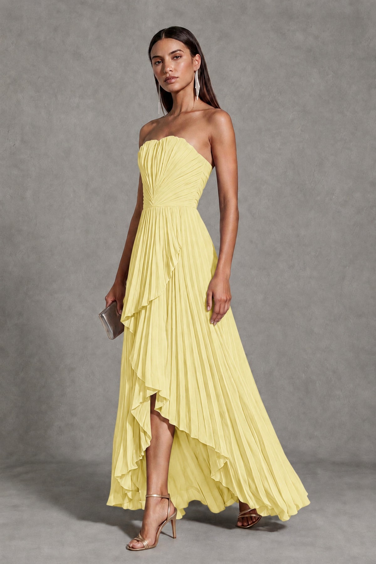 Daffodil Strapless Pleated High-Low Evening Gown with Ruffle Hem - Daffodil - Daffodil_3