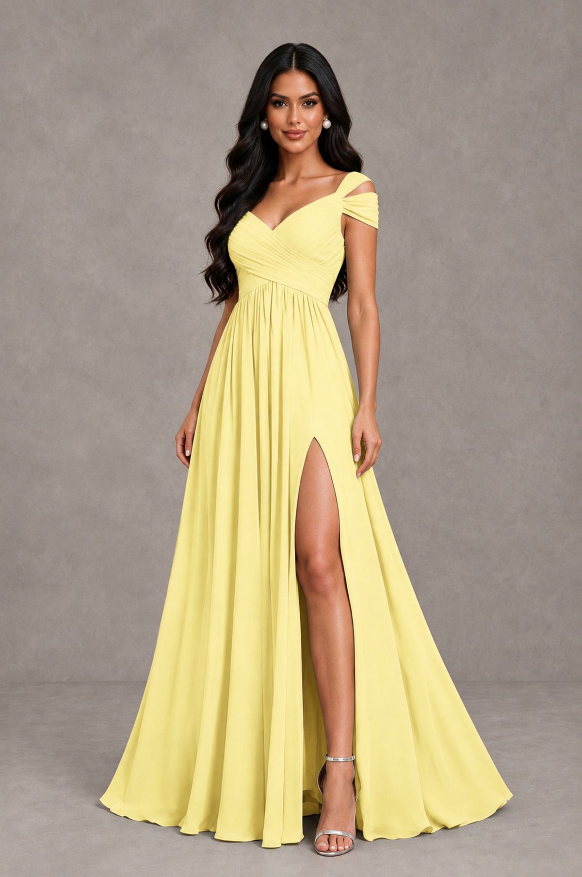 BOLODOO Daffodil Cold Shoulder Chiffon Evening Dress with V Neck and High Slit - Daffodil - Daffodil_3