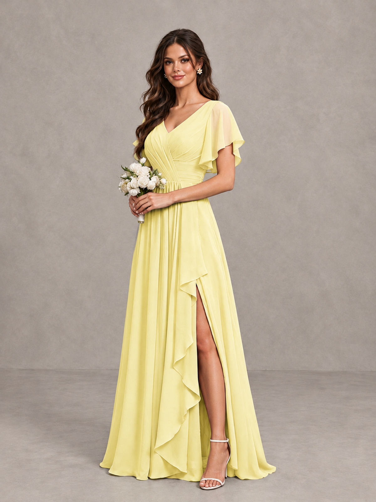 BOLODOO Daffodil Flutter Sleeve V-Neck Bridesmaid Dress with Ruffle Slit - Daffodil - Daffodil_3
