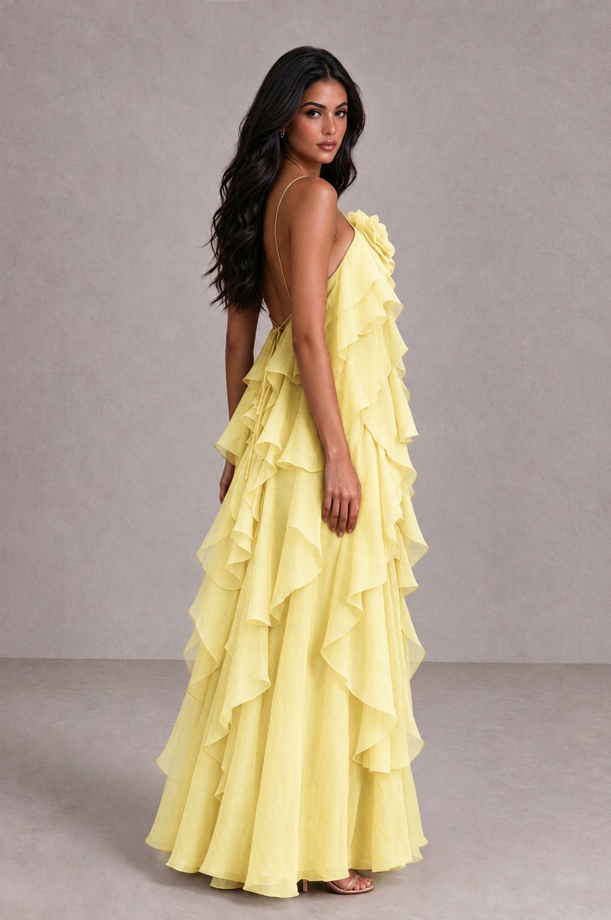 BOLODOO Daffodil Cascading Ruffle Rosette Open-Back Maxi Dress - Daffodil - Daffodil_3
