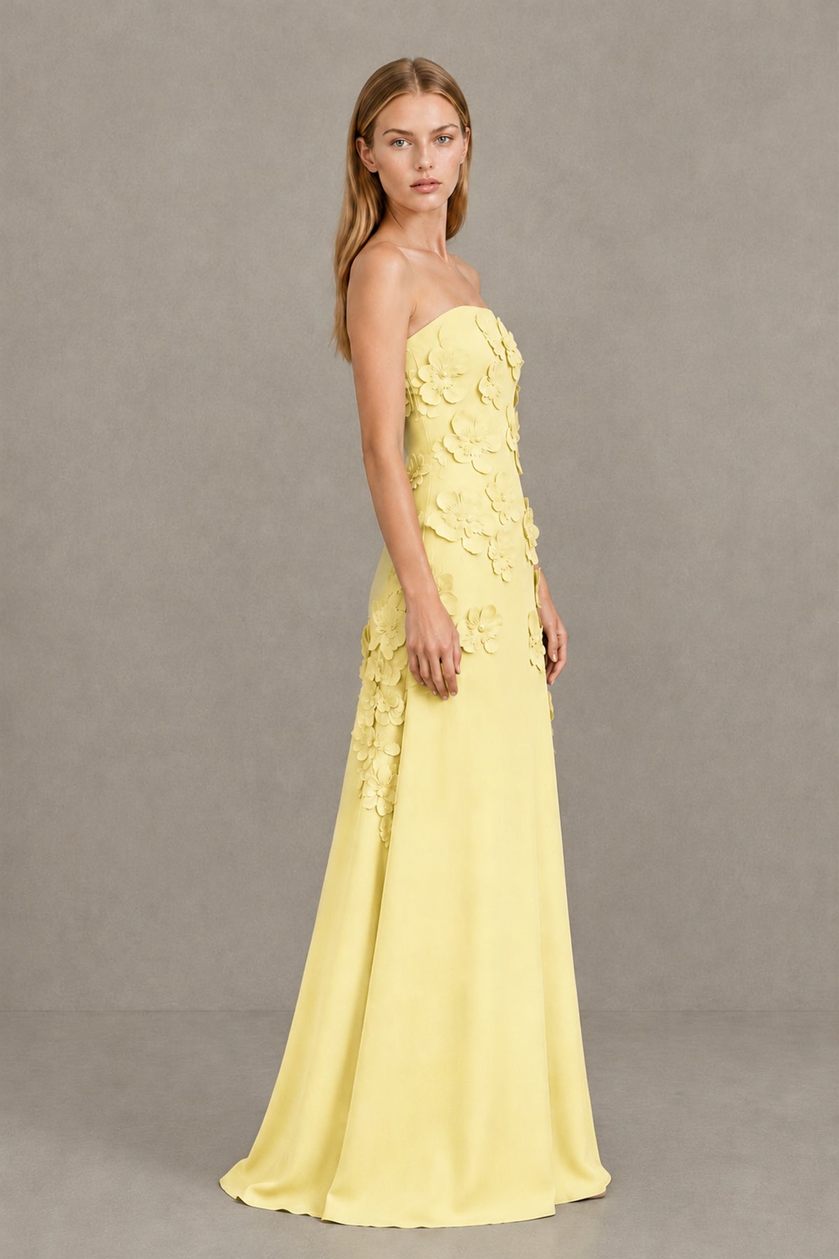 BOLODOO Daffodil Strapless 3D Floral Appliqué Crepe Maxi Gown - Daffodil - Daffodil_3