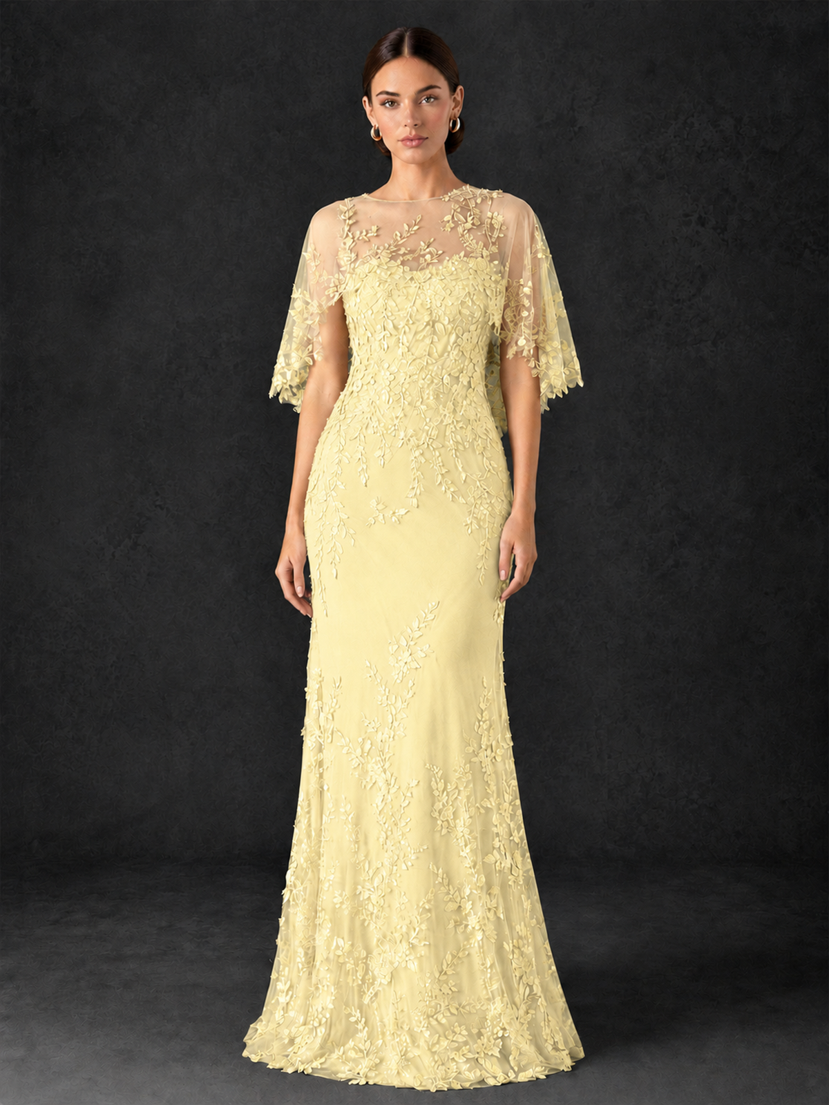 BOLODOO Daffodil Botanical Lace Flutter Sleeve Mermaid Gown - Daffodil - Daffodil_3