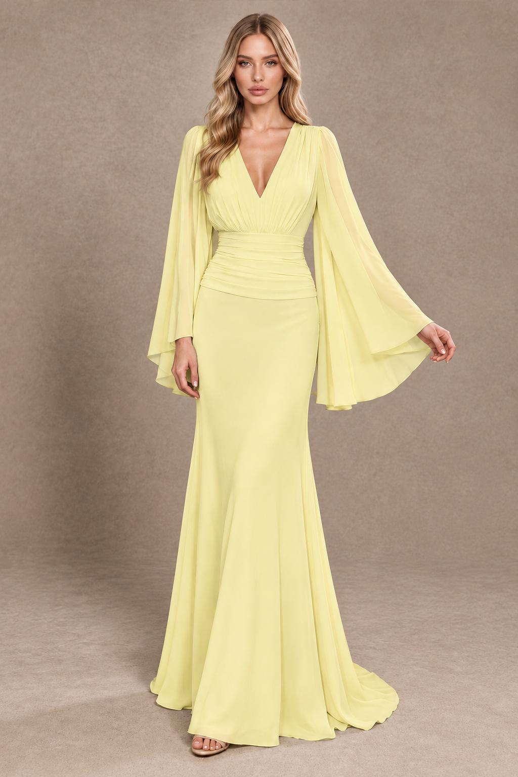 BOLODOO Daffodil Cape Sleeve V-Neck Ruched Chiffon Evening Dress - Daffodil - Daffodil_3