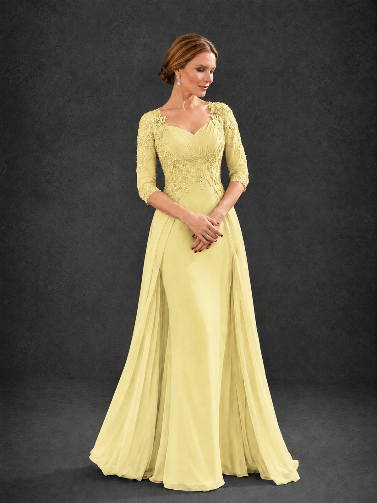 BOLODOO Daffodil Sweetheart Neck 3/4 Sleeve Floral Lace Illusion Bodice Chiffon A-Line Gown - Daffodil - Daffodil_3