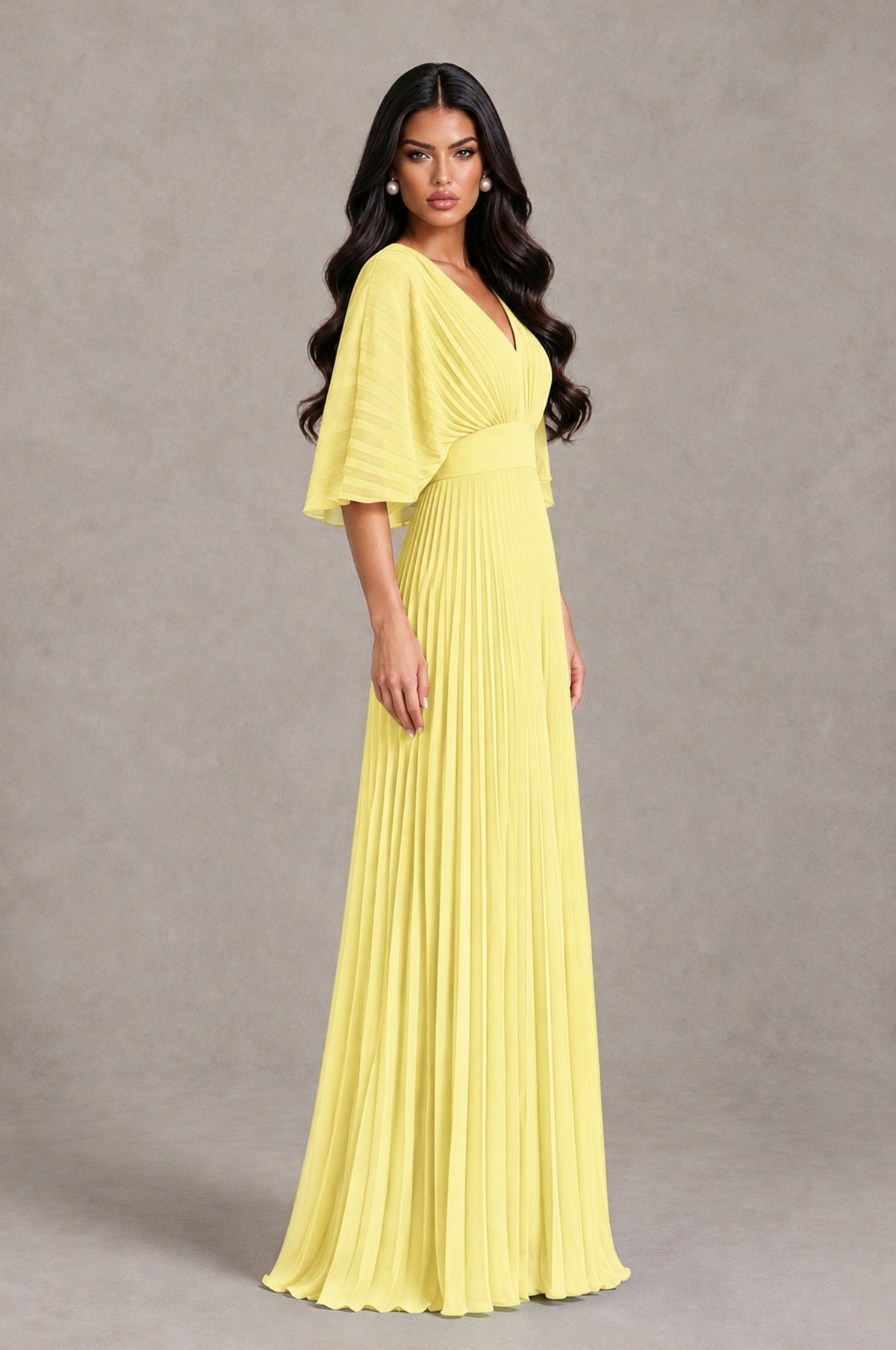 BOLODOO Daffodil V-Neck Pleated Flutter Sleeve Formal Dress - Daffodil - Daffodil_3
