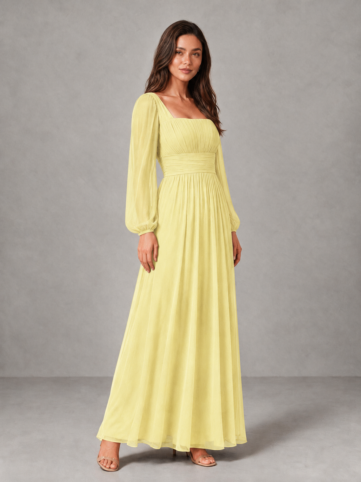 BOLODOO Daffodil Square Neck Long Sleeve Chiffon Bridesmaid Dress - Daffodil - Daffodil_3