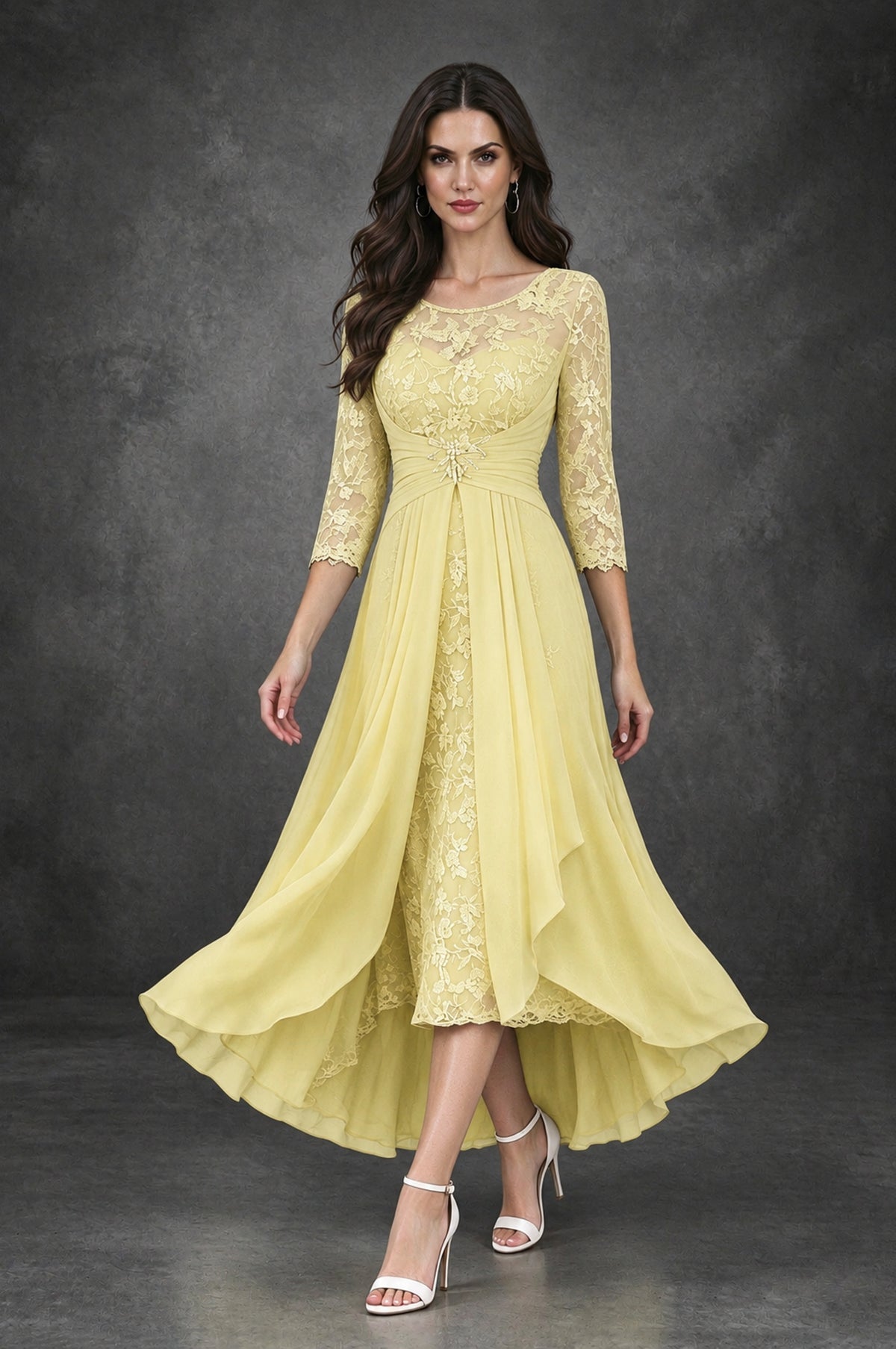 BOLODOO Daffodil Sequin Lace & Chiffon Tea-Length Mother of the Bride Dress with 3/4 Sleeves - Daffodil - Daffodil_3