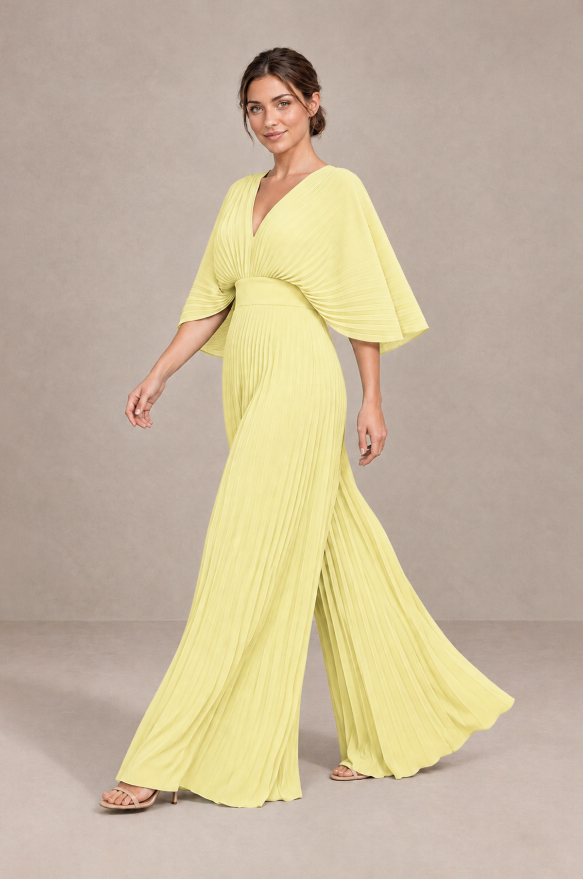 BOLODOO Daffodil Pleated Wide-Leg Mother of Bride Pantsuit with V-Neck Chiffon Maxi Gown - Daffodil - Daffodil_3