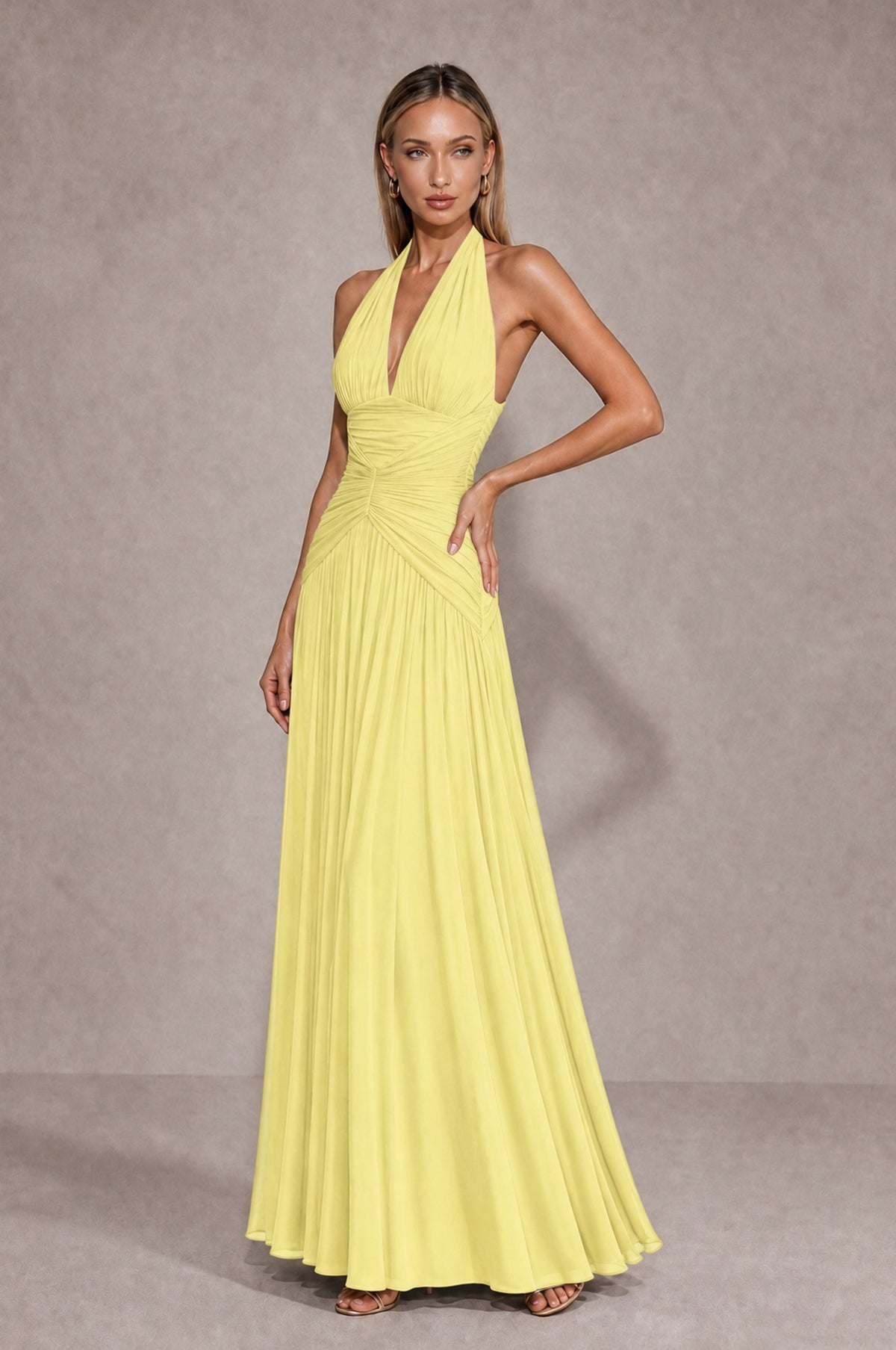 BOLODOO Daffodil Chiffon Halter Deep V-Neck Ruched A-Line Backless Maxi Dress with Train-BD0167 - Daffodil - Daffodil_3