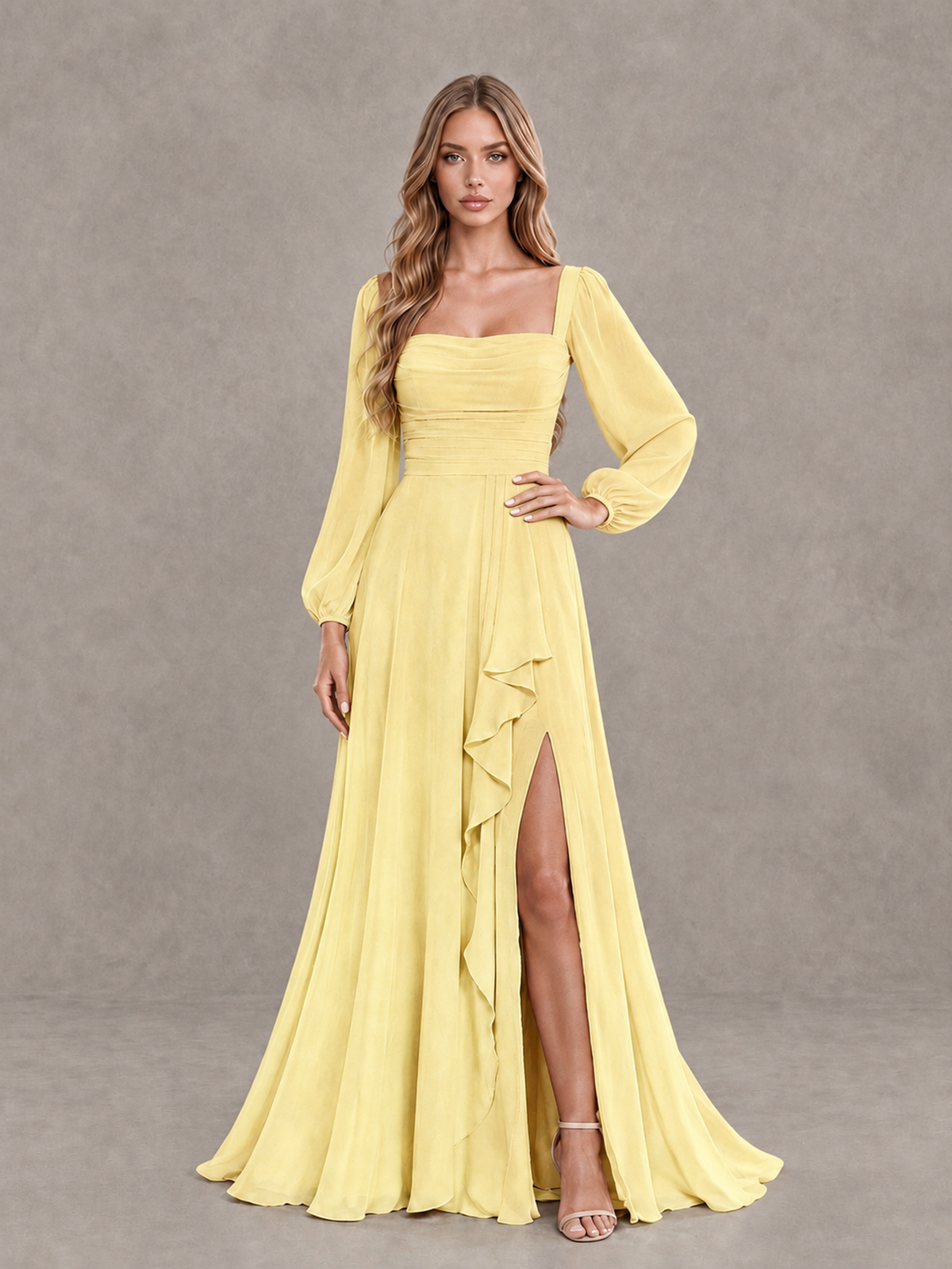 BOLODOO Daffodil Square Neck Long Sleeve Bridesmaid Dress with Ruffle Slit - Daffodil - Daffodil_3
