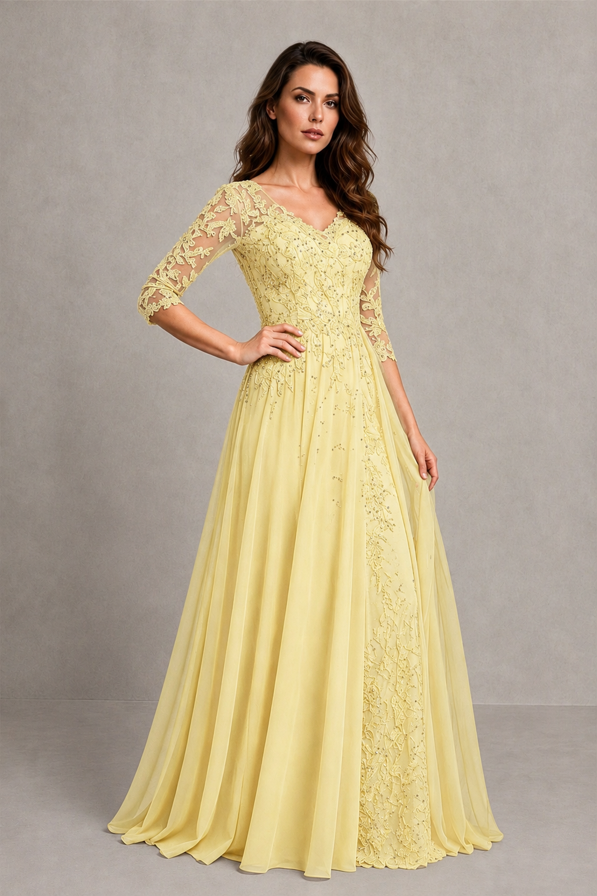 BOLODOO Midnight Daffodil Beaded Lace Appliqué Chiffon A-Line Gown | Mother of the Bride & Formal Evening Dress - Daffodil - Daffodil_3