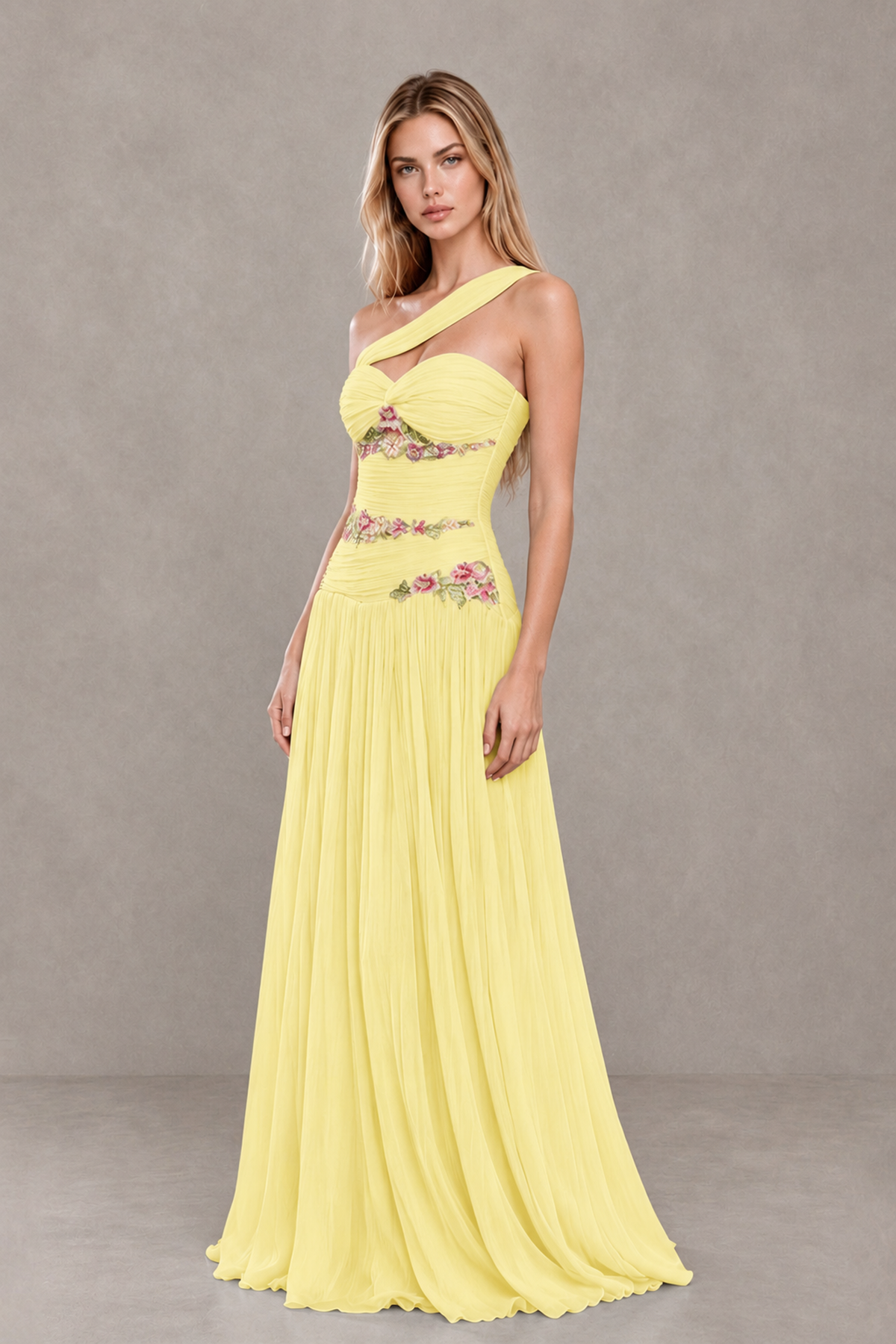 BOLODOO Daffodil One-Shoulder Floral Applique A-Line Evening Dress - Daffodil - Daffodil_3