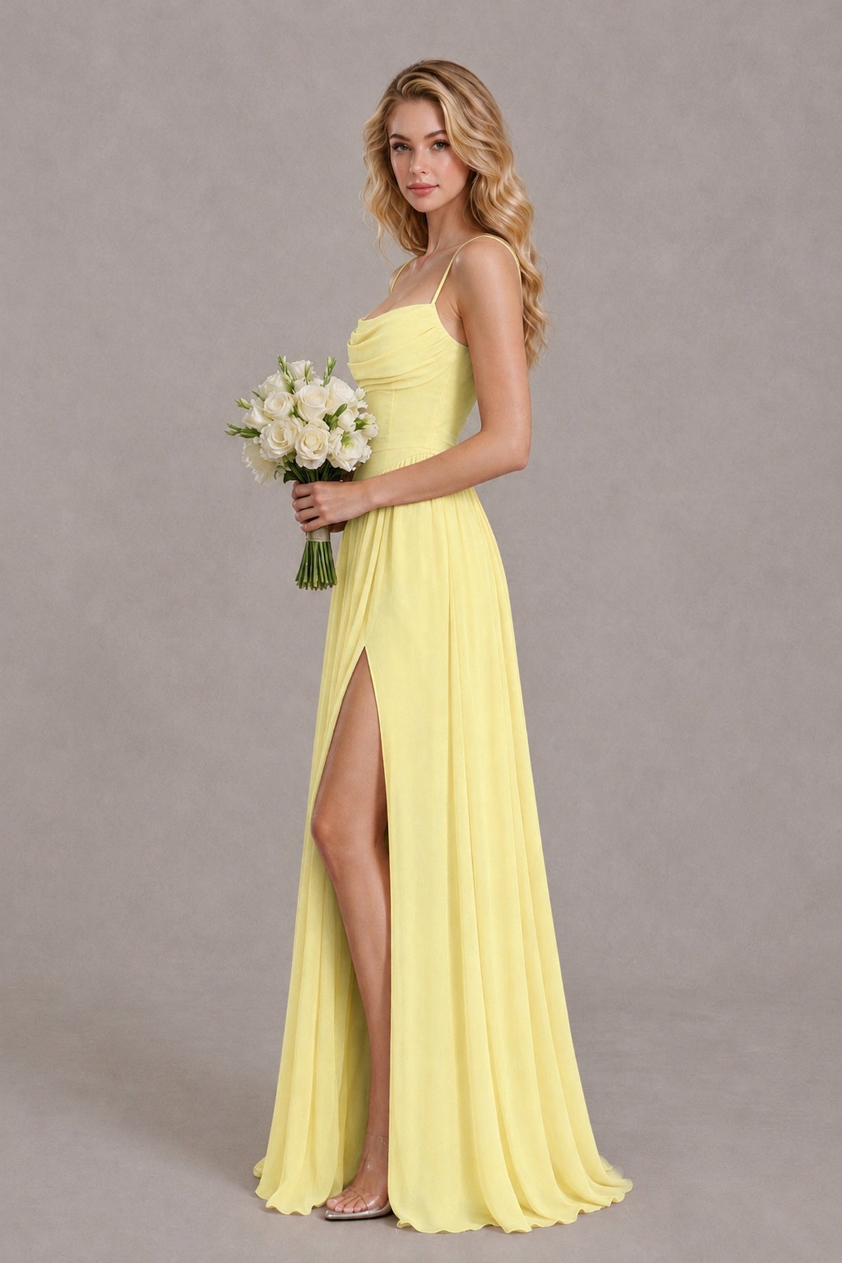 BOLODOO Daffodil Spaghetti Strap A-Line Bridesmaid Dress with Slit - Daffodil - Daffodil_3