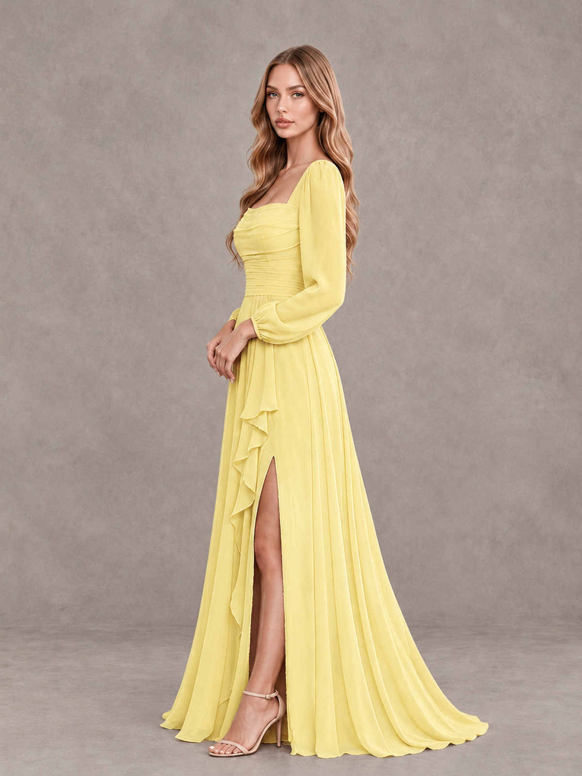 BOLODOO Daffodil Square Neck Long Sleeve Bridesmaid Dress with Ruffle Slit - Daffodil - Daffodil_4