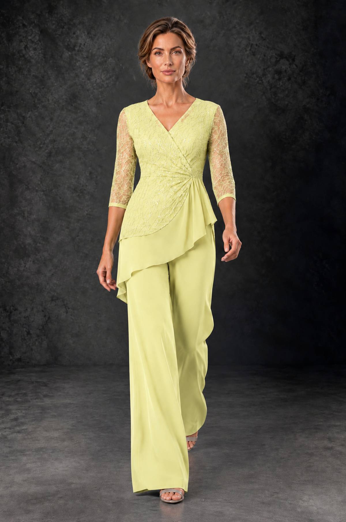 BOLODOO Daffodil Sequin Lace 3/4 Sleeve Chiffon Mother of the Bride Pant Suit - Daffodil - Daffodil_4