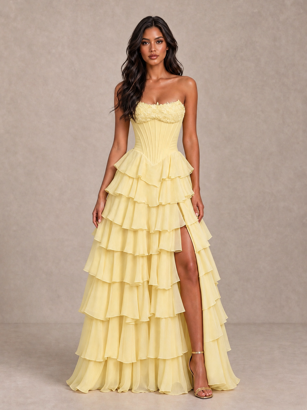 BOLODOO Daffodil Strapless Corset Tiered Ruffle Prom Dress with High Slit - Daffodil - Daffodil_4